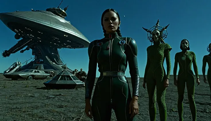 in (full medium shot:3.1) of various characters with a starship in the background from a film for slaves from beyond infinity, futuristic apocalypse, detailed, moody, epic, altered reality, insane, disgusting, disturbing, impactful, inspired by Clyde Caldw...