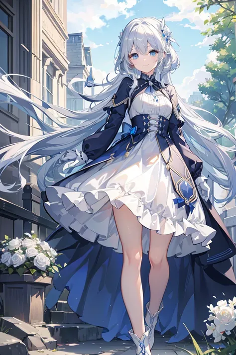 a woman with white hair and blue eyes、adult、long, fluffy wavy hair、braiding、wearing hair ornaments、smiling、princess、white gloves...