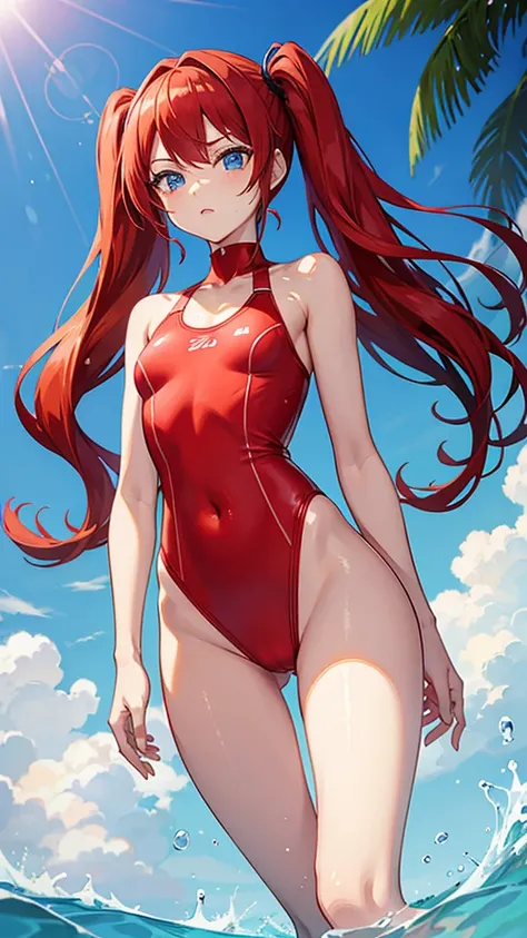 red hair, twintail, small breast, blue eyes, red swimsuit, slender, thin legs
