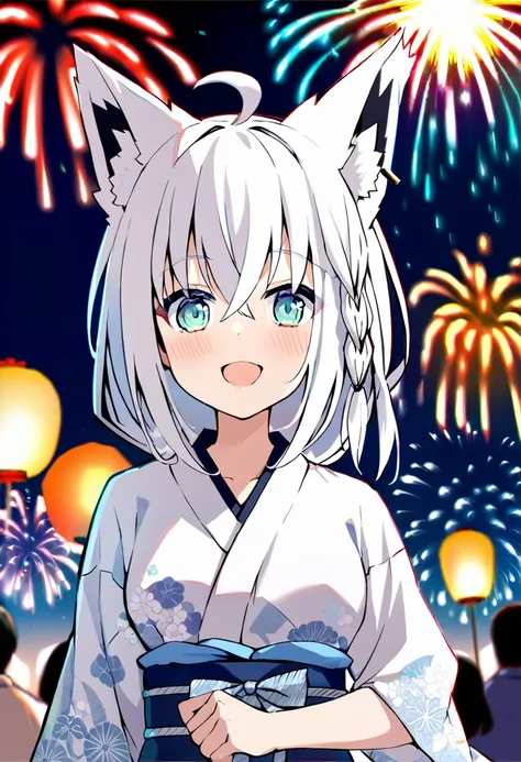 one girl, shirakami fubuki, fox ears, white hair, upperbody focus, yukata, beautiful, cute, fireworks, japanese summer festival