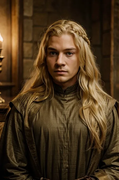 Blonde man with long hair, wearing game of thrones style clothes, fine nose, golden left eye