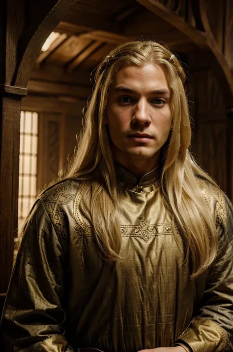 Blonde man with long hair, wearing game of thrones style clothes, fine nose, golden left eye