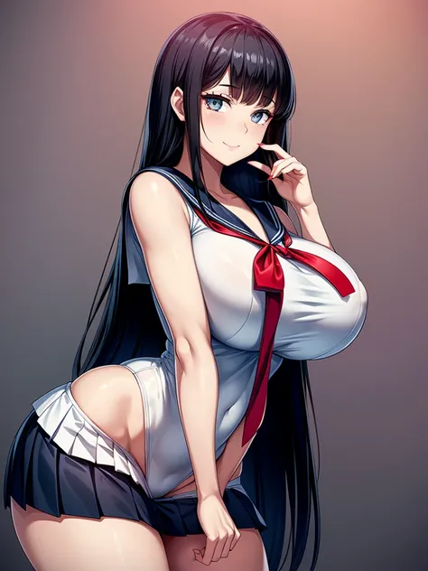 Top quality, beautiful face, beautiful eyes, beautiful woman, elegant face, classy face, intelligent face, relaxed smile, beautiful glossy black hair, straight long hair, huge breasts, curvaceous beauty, narrow waist, sailor suit , red ribbon tie, short na...