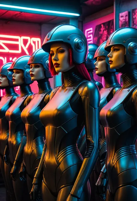 a woman with a helmet standing in front of a group of mannequins, cyberpunk art by Jim Burns, cgsociety, retrofuturism, daz3d, ps1 graphics, dystopian art