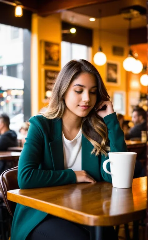 une jeune fille de 23 ans est assise dans un café tranquille à San Francisco,tasse fumante de café chaud sur sa table,serein,détendu,Occasionnel, Photographie cinématographique d&#39;art hyperréaliste dans le style d&#39;une séance photo hyperréaliste déta...