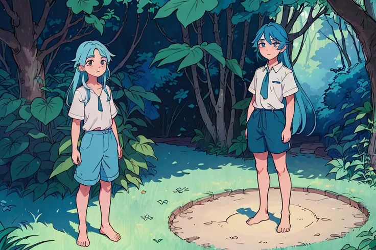 A boy with long blue hair, beautiful detailed orange eyes, detailed facial features, whimsical expression, wearing a white shirt and blue shorts, standing in a lush green forest with tall trees, sunlight filtering through the leaves, magical and dreamlike ...