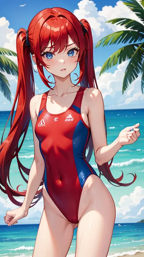 red hair, twintail, small breast, blue eyes, red swimsuit, slender, thin legs
