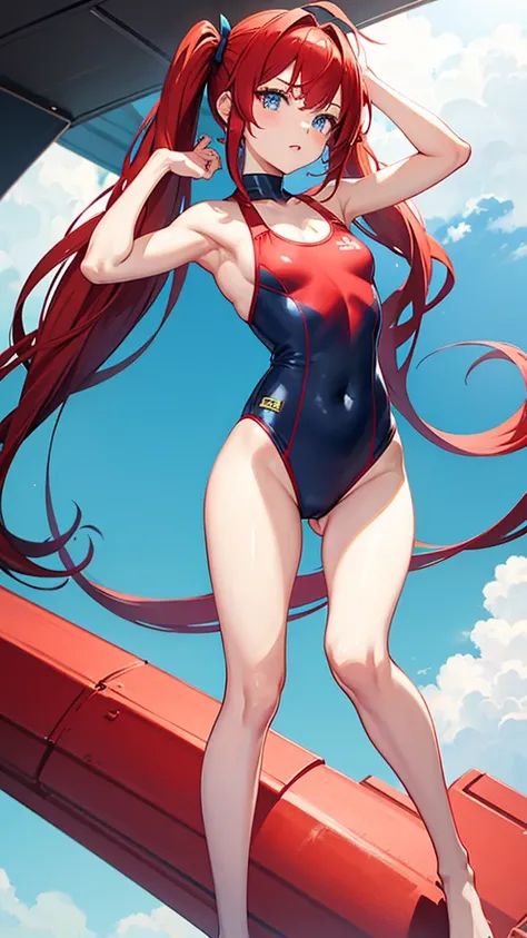 red hair, twintail, small breast, blue eyes, red swimsuit, slender, thin legs
