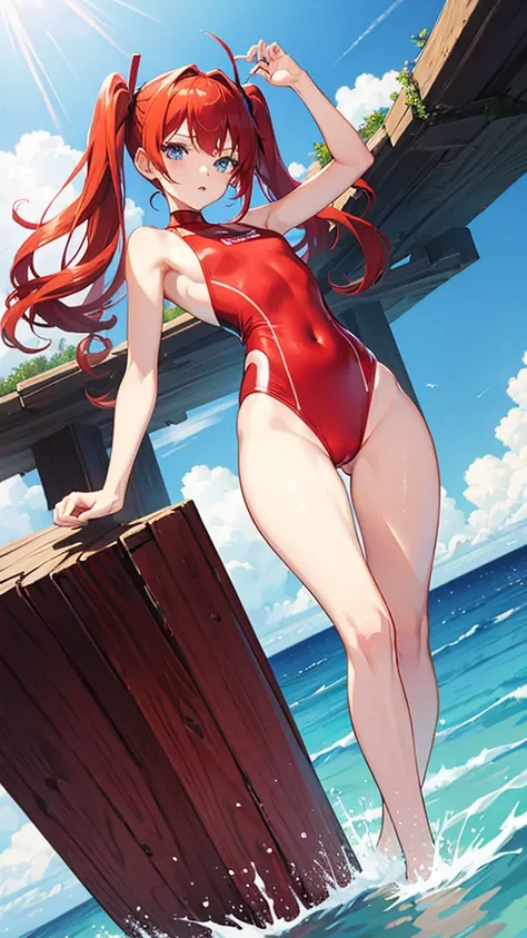 red hair, twintail, small breast, blue eyes, red swimsuit, slender, thin legs
