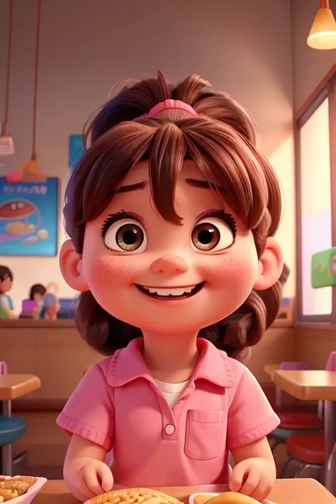 Pixar inspired poster a toddler sitting in a fast food restaurant while the head is slightly tilted and has a big smile showing her teeth that are far apart from each other and in a ponytail with chubby cheeks and a skin tone of a filipino wearing a pink s...