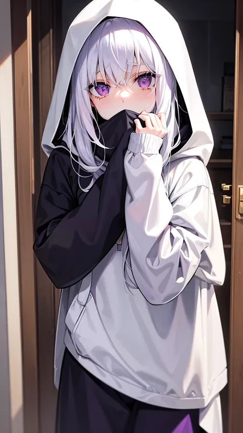 Pale introvert, hiding inside oversized hoodie, curling up in bed, crossed legs, hoodie covering mouth, pale skin, white hair, purple eyes, hiding in hoodie, holding book, crying, standing in doorway