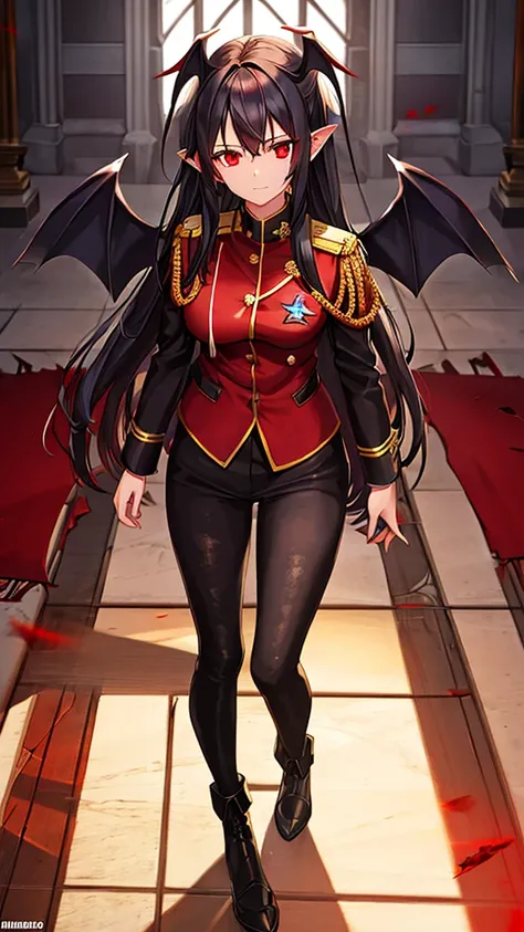 a demonic girl in military uniform, long black hair, red eyes, spreading demonic wings, in a dilapidated church, fantasy, best quality, 8k, highres, masterpiece, dramatic shadows, gothic style, cinematic lighting