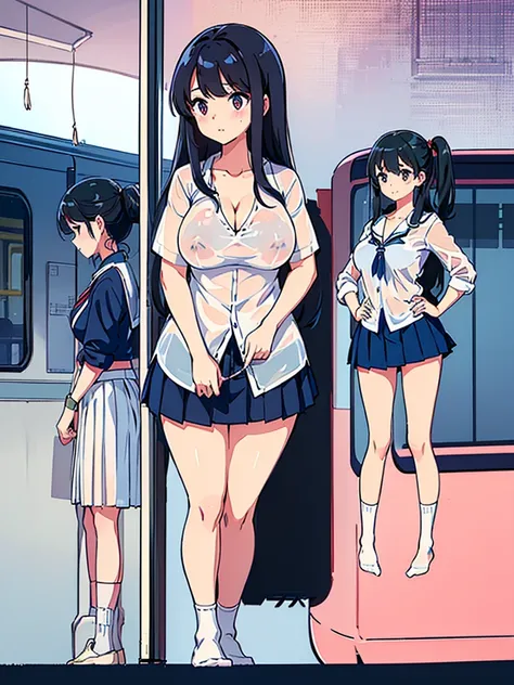 ((3 High school girls standing in a row、tits、Big Breasts、See-through nipples、Cleavage、White shirt、Navy micro pleated mini skirt、Thighs、loose socks、Black Hair、train、Molester、Highest quality))