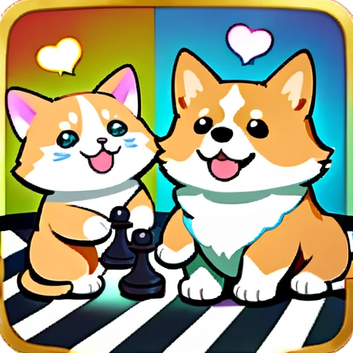 psychedelicstyle magic beamMake me a photo of cute corgi and cute cat playing chess.