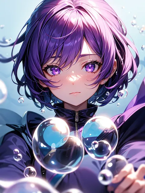 alone, One girl, Purple eyes, Purple Hair, bubble, View your viewers, Portraiture, Half-closed eyes, short hair, Mouth closed,shiny bubbles,bubbles, colour shining in bubble, reflective bubbles,bubbles ,bubbles all around, turning into bubble