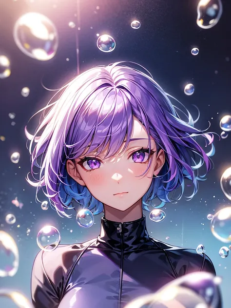 alone, One girl, Purple eyes, Purple Hair, bubble, View your viewers, Portraiture, Half-closed eyes, short hair, Mouth closed,shiny bubbles,bubbles, colour shining in bubble, reflective bubbles,bubbles ,bubbles all around, turning into bubble