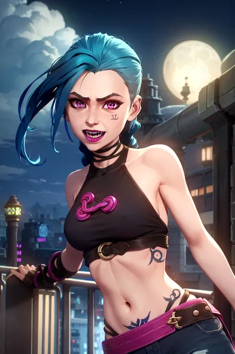 arcane style,

1girl, arm tattoo, asymmetrical bangs, bangs, blue hair, braid, brown shirt, cloud tattoo, looking at viewer, laughing, crazy, uncontrollable laugh, mad look, night, city, green hair, long hair, midriff, pink eyes, red lips, solo, standing, ...