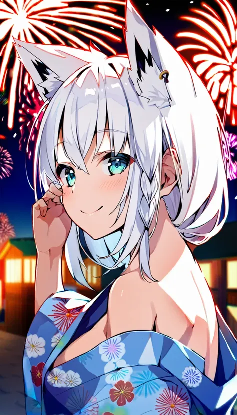 one girl, shirakami fubuki, fox ears, white hair, upperbody focus, yukata, beautiful, cute, fireworks, japanese summer festival,...