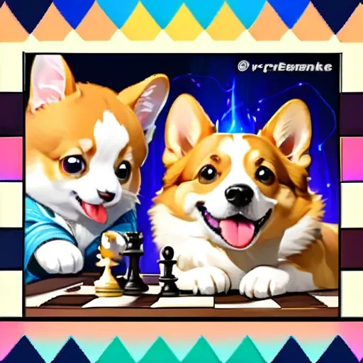 psychedelicstyle magic beamMake me a photo of cute corgi and cute cat playing chess.