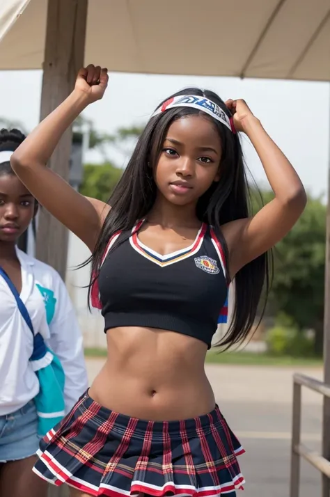 1 hot girl, dark skin, black eyes, ahegao, african, long hair, school girl, young teen, small breasts, navel, exposing clothes, cheerleader, hand behind head, armpits, tight body, big lips