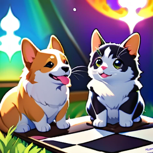 psychedelicstyle magic beamMake me a photo of cute corgi and cute cat playing chess.