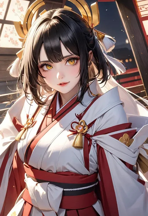 japanese miko black hair hime cut golden eyes