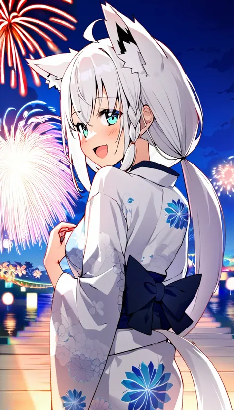 one girl, shirakami fubuki, fox ears, white hair, yukata, beautiful, cute, fireworks, japanese summer festival, look back on me,...