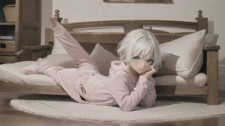 an anime image of a small boy with white hair wearing a thick diaper underneath fox footie-hoodie pjs, footie-hoodie pjs, sleeping in a crib, (indoors), nursery, (1boy), adorable, masterpiece, extremely detailed, beautiful eyes, sharp focus, vivid colors, ...