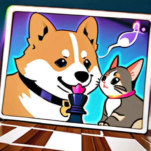 psychedelicstyle magic beamMake me a photo of cute corgi and cute cat playing chess.