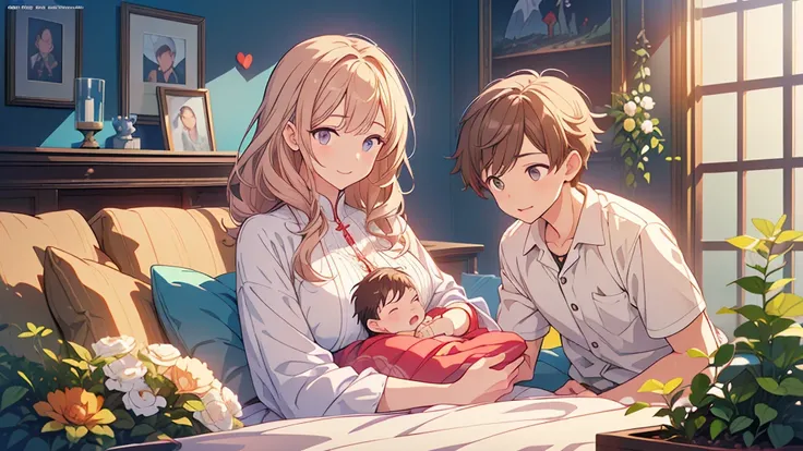 (((Mother and son,My son is a newborn baby.)))、((Highest quality、Masterpiece、Official Art、The best dynamic composition))、She is happily stroking the baby&#39;s cheek.、Heartwarming、happiness、A sparkling world、Upper body close-up、