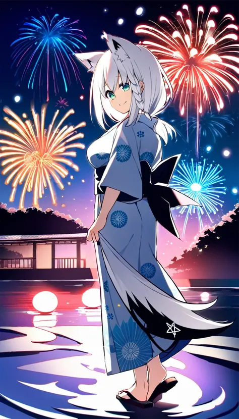 one girl, shirakami fubuki, fox ears, white hair, yukata, beautiful, cute, fireworks, japanese summer festival, look back on me,...