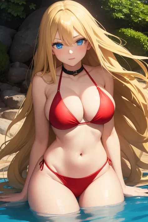 1girl, Long Hair, Blonde Hair, Blue eyes, Large breasts, big thighs, red bikini, wet