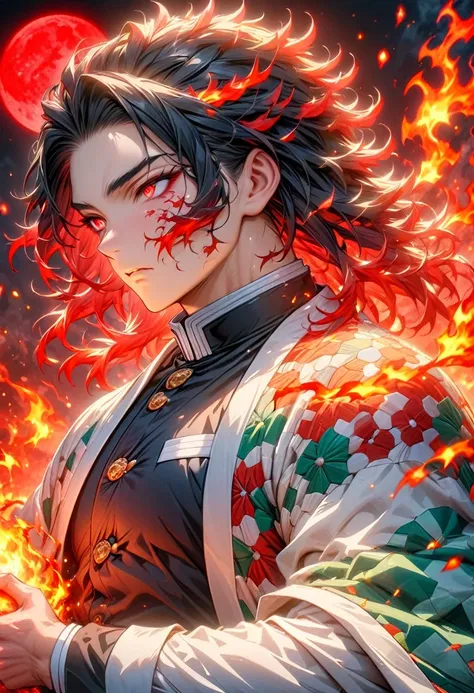 Ultra detailed, highres, absurdres, HDR, master piece, male demon slayer, medium length black hair, expressive red eyes, plain white haori with patters of flames, black demon slayer uniform, Kimetsu No Yaiba, fantasy, handsome, sexy man, solo, magic, shini...