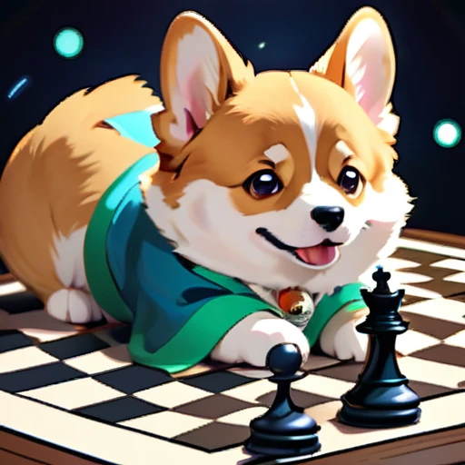 psychedelicstyle magic beamMake me a photo of cute corgi and cute cat playing chess.