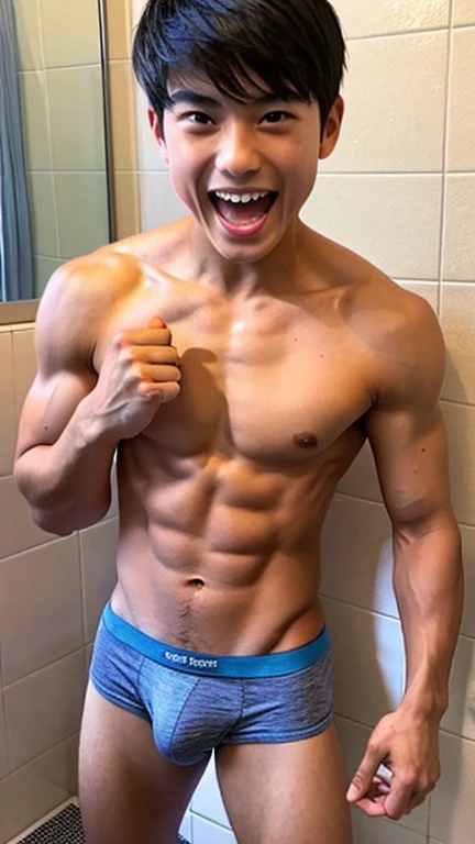 Japanese men、14 years old、Muscles and smooth skin、Very short black hair、A relaxed and friendly smile、Orange thin boxer briefs、The whole body is well visible、Fist pump in the bathroom、Laughing with mouth open、