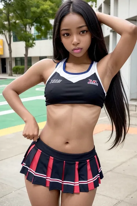 1 hot girl, dark skin, black eyes, ahegao, african, long hair, school girl, young teen, small breasts, navel, exposing clothes, cheerleader, hand behind head, armpits, tight body, big lips