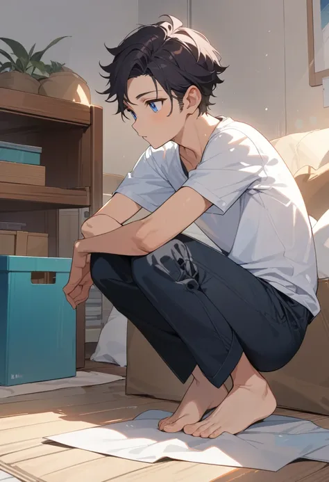 masterpiece, best quality, extremely detailed, ultra detailed, flat anime, 2D, ((1boy)),black hair, (short hair:1.5),blue eyes, height 1.7meters, (circle eyes:1.2), (young adult:1.2), Ear-length sideburns, long Sleeves, White T-shirt, barefoot, ((short sle...