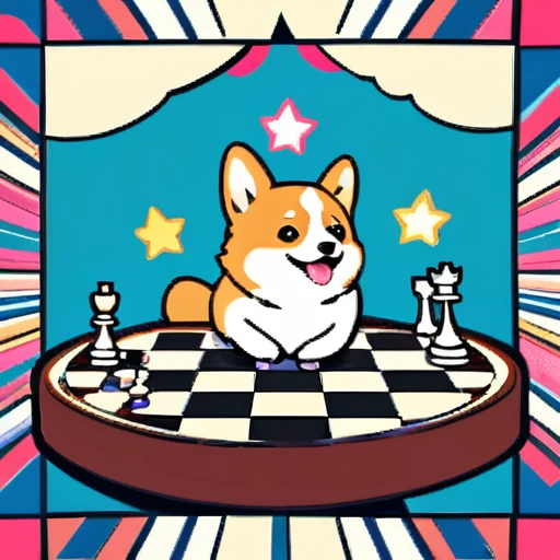 psychedelicstyle magic beamMake me a photo of cute corgi and cute cat playing chess.