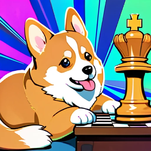 psychedelicstyle magic beamMake me a photo of cute corgi and cute cat playing chess.