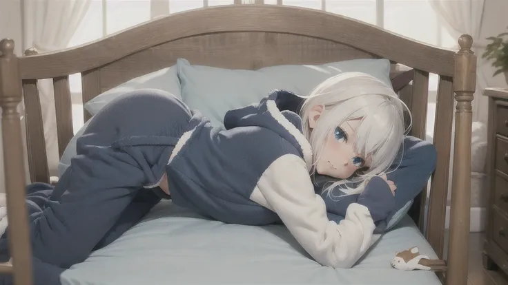 an anime image of a small boy with white hair wearing a thick diaper underneath fox hoodie-footie pjs, hoodie-footie pjs, sleepi...