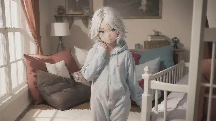 an anime image of a small boy with white hair wearing a thick diaper underneath fox hoodie-footie pjs, hoodie-footie pjs, sleepi...