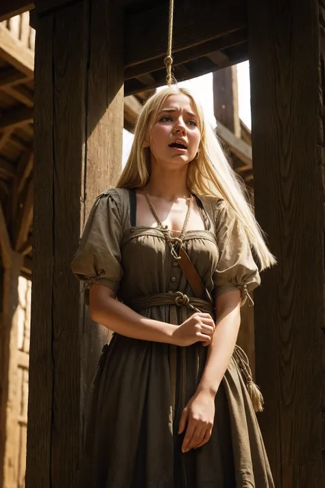 an average blonde woman, 20 years old, in an medieval scene, standing in front of a gallow, her hands tied, she is crying tears