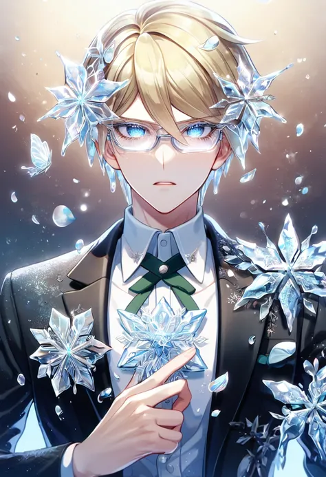 Ultra detailed, HDR, Highres, absurdres, master piece, Togami Byakuya, blonde hair, expressive blue eyes, white glasses, black jacket, white shirt, Danganronpa, handsome, ice glittering butterflies, ice, petals, ice pink glass flowers, glittering, fantasy,...