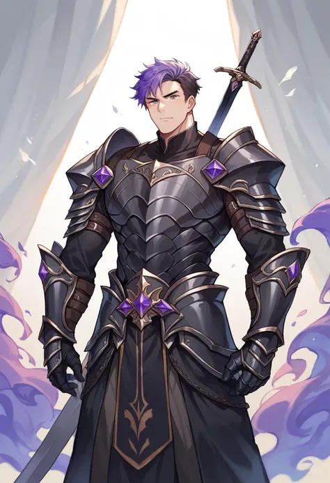 アニメ, high qualiy, white male, purple gradient hair,eyes browns, black armour, black sword 