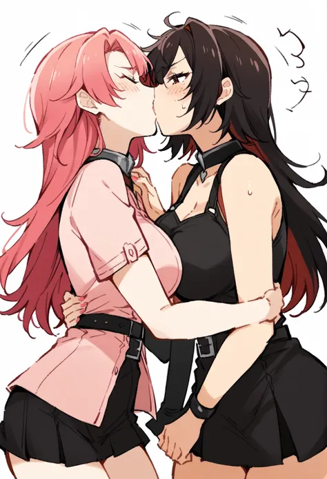 two woman kissing, pink hair and short black red hair
