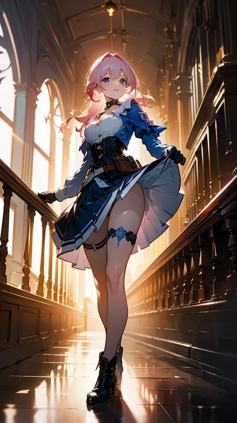 a beautiful young woman, light pink hair,  big blue eyes, ankle boots, archery shooting glove, badge, bare legs, black choker, black corset, black footwear, black gloves, blue jacket, blue skirt, boots, button badge, buttons, choker, collarbone, corset, ea...