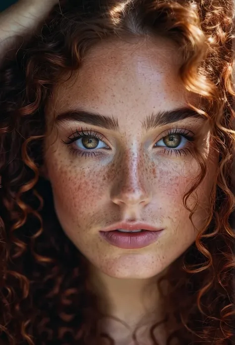 beautiful lady, (freckles), ruby eyes, long curly hair, dark makeup, hyperdetailed photography, soft light, head and shoulders portrait, cover