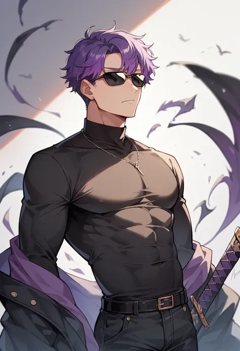 アニメ, high qualiy, white male, Scrawny,purple gradient hair, black sunglasses, black long sleeve shirt, black sword