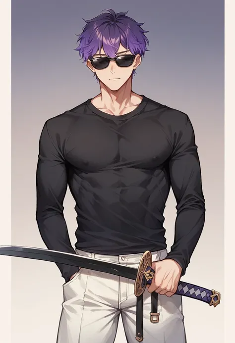 アニメ, high qualiy, white male, Scrawny,purple gradient hair, black sunglasses, black long sleeve shirt, black sword