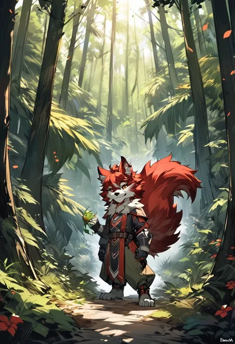 A fifty-year-old man with red hair and a shaggy tail in the forest, Digital painting by Daarken, society contest winner, fur art, very very beautiful fur art, Dramatic cinematic detailed fur, Furry fantasy art, Reusch and Urop, Anthro Art, Shaggy Wolf, pov...